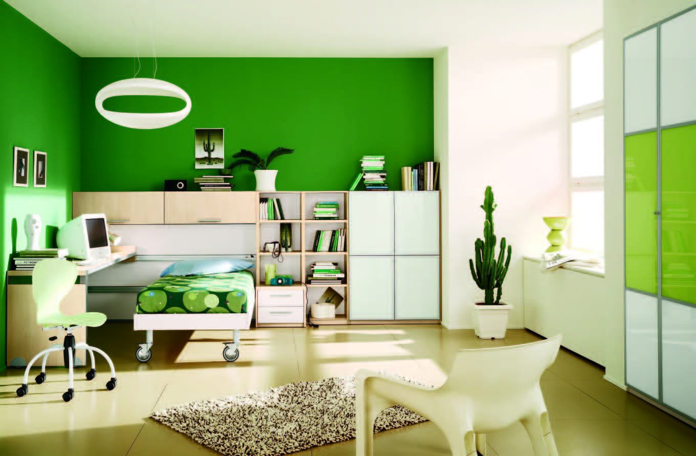 Habitación moderna de tonos verdes