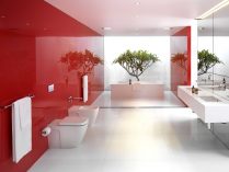 Baño moderno de tonos rojos