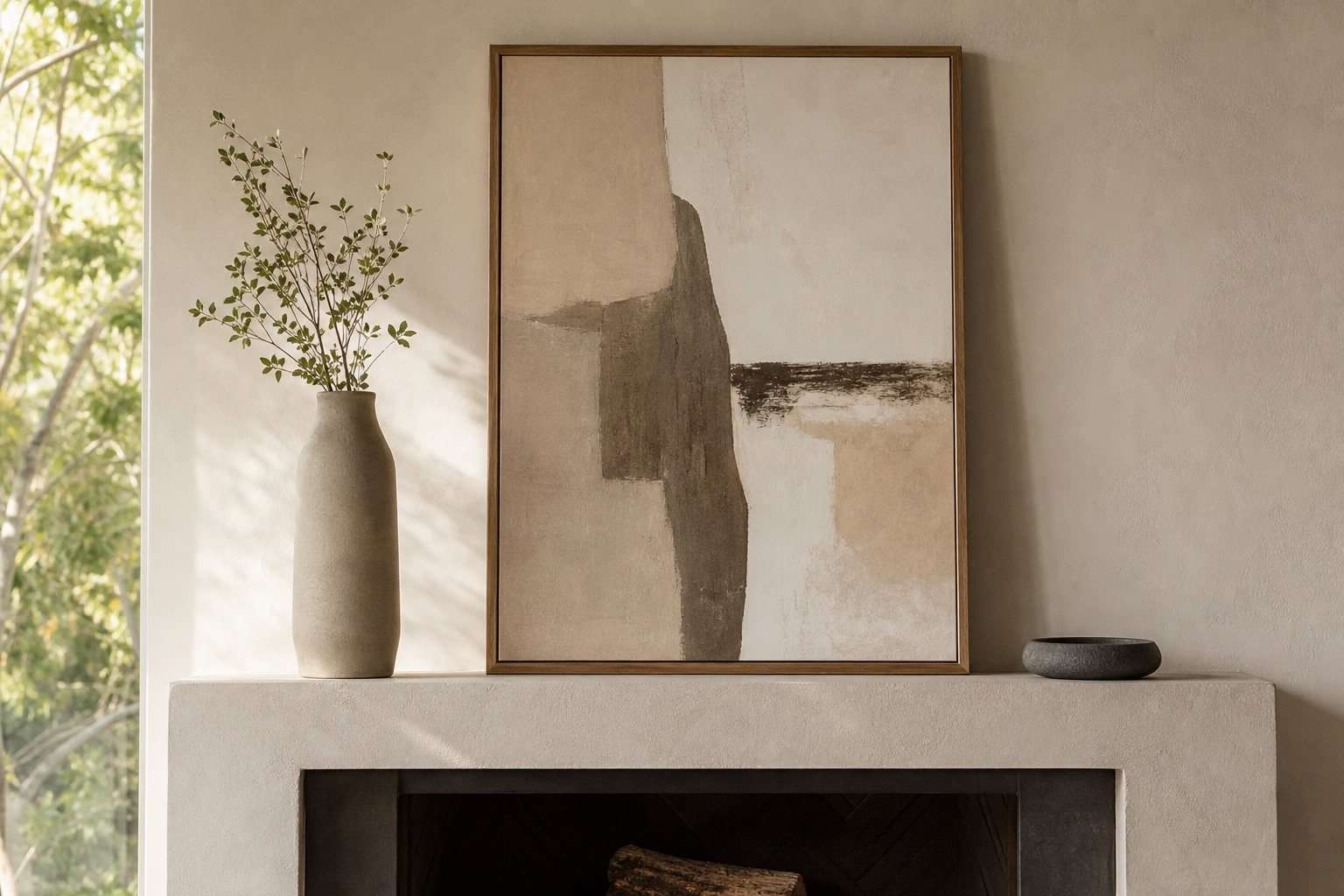 Repisa de chimenea moderna con cuadro, jarrón y objeto bajo en proporciones equilibradas