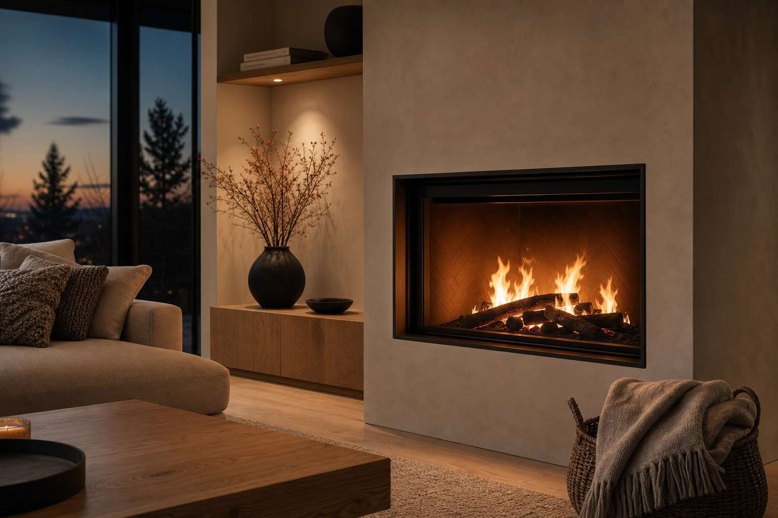 Chimenea moderna encendida en invierno con manta de lana y decoración contenida