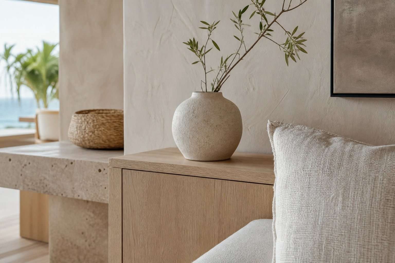 Detalle de materiales naturales en tonos neutros para una casa de playa moderna