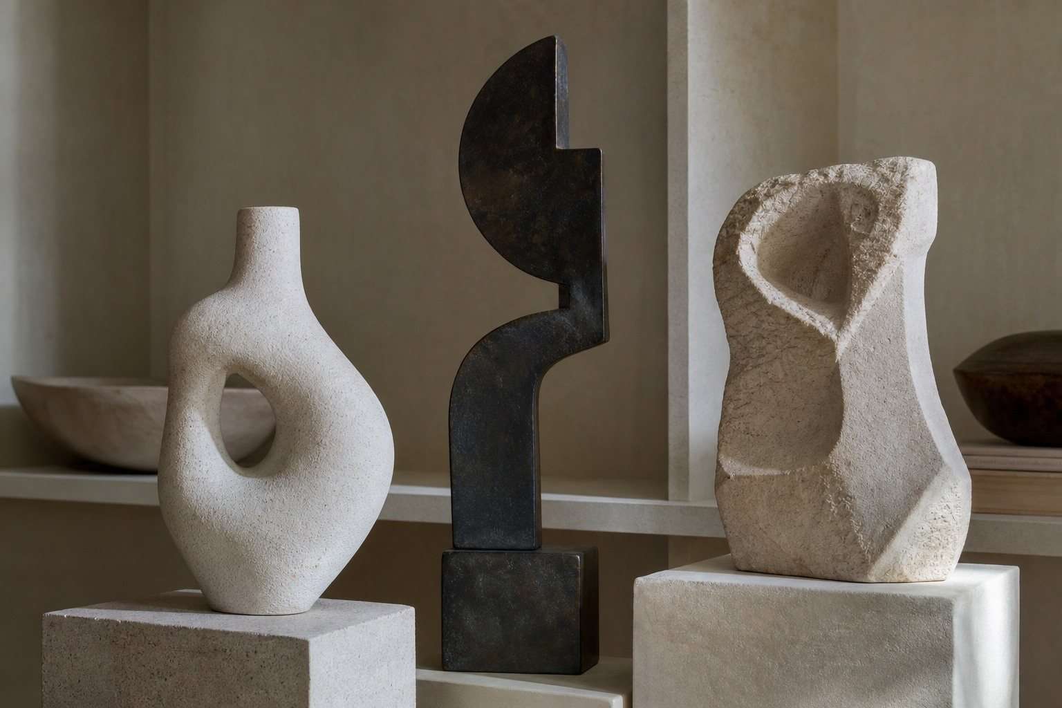 Esculturas modernas de cerámica, metal patinado y piedra en una estantería neutra