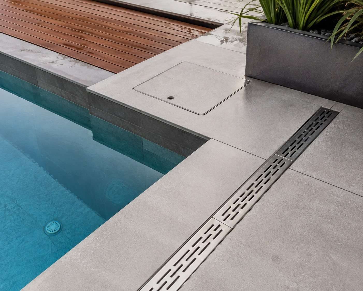 Detalle de drenaje y registro junto al borde de una piscina en terraza